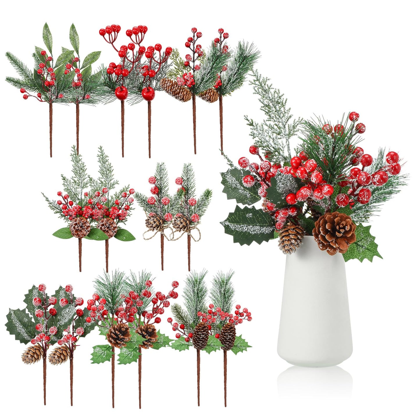 Cindeer 16 Pieces Christmas Artificial Pine Picks, 11 Inch Assorted Red Fruit Floral Picks Stems Berry Holly Berry Branches Pine Picks and Sprays for Xmas Floral Tree Christmas Wreath Winter Holiday