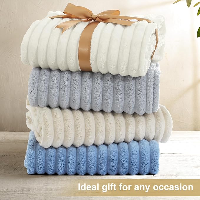 decorUhome Soft Fleece Blue Grey Blanket Queen Size for Bed, Cozy Fluffy Plush Flannel Large Striped Throws for Couch Sofa, Lightweight Decorative Fuzzy Blanket for Woman, 90x90 Inches