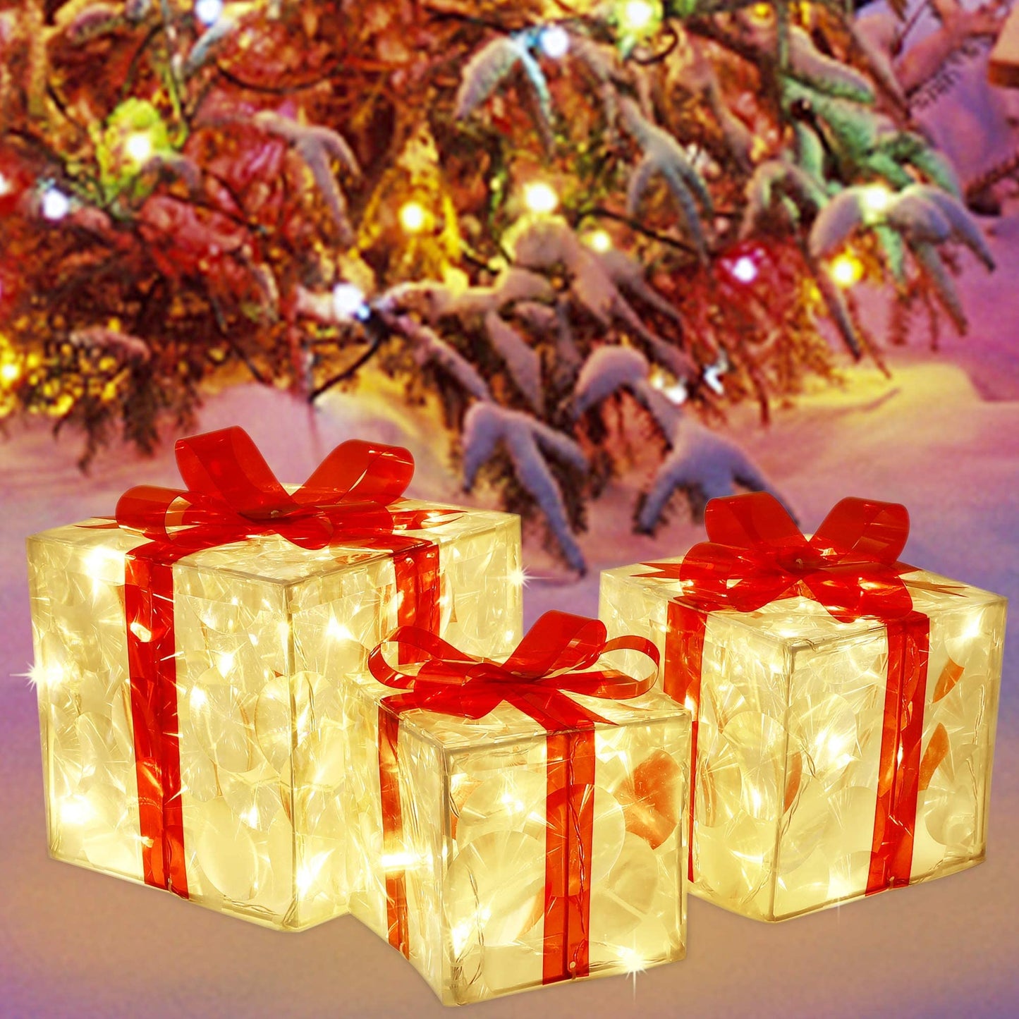 Lulu Home Christmas Lighted Boxes, Set of 3 60 LED Light Up Decor Outdoor, Light Up Christmas Boxes Present Decorations Outdoor Yard