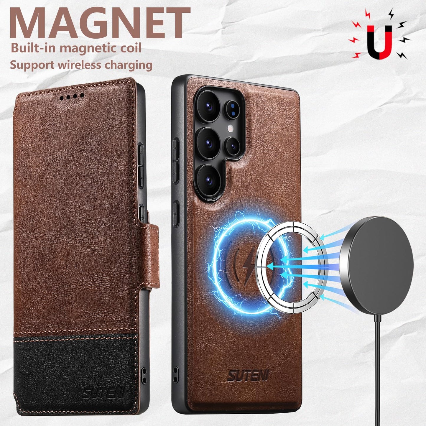 SINIANL for Samsung Galaxy S24 Ultra Leather Wallet Case Compatible with MagSafe Wireless Charging, Detachable Leather Cover with Card Slots Holder, Kickstand, Magnetic for Galaxy S24 Ultra Brown