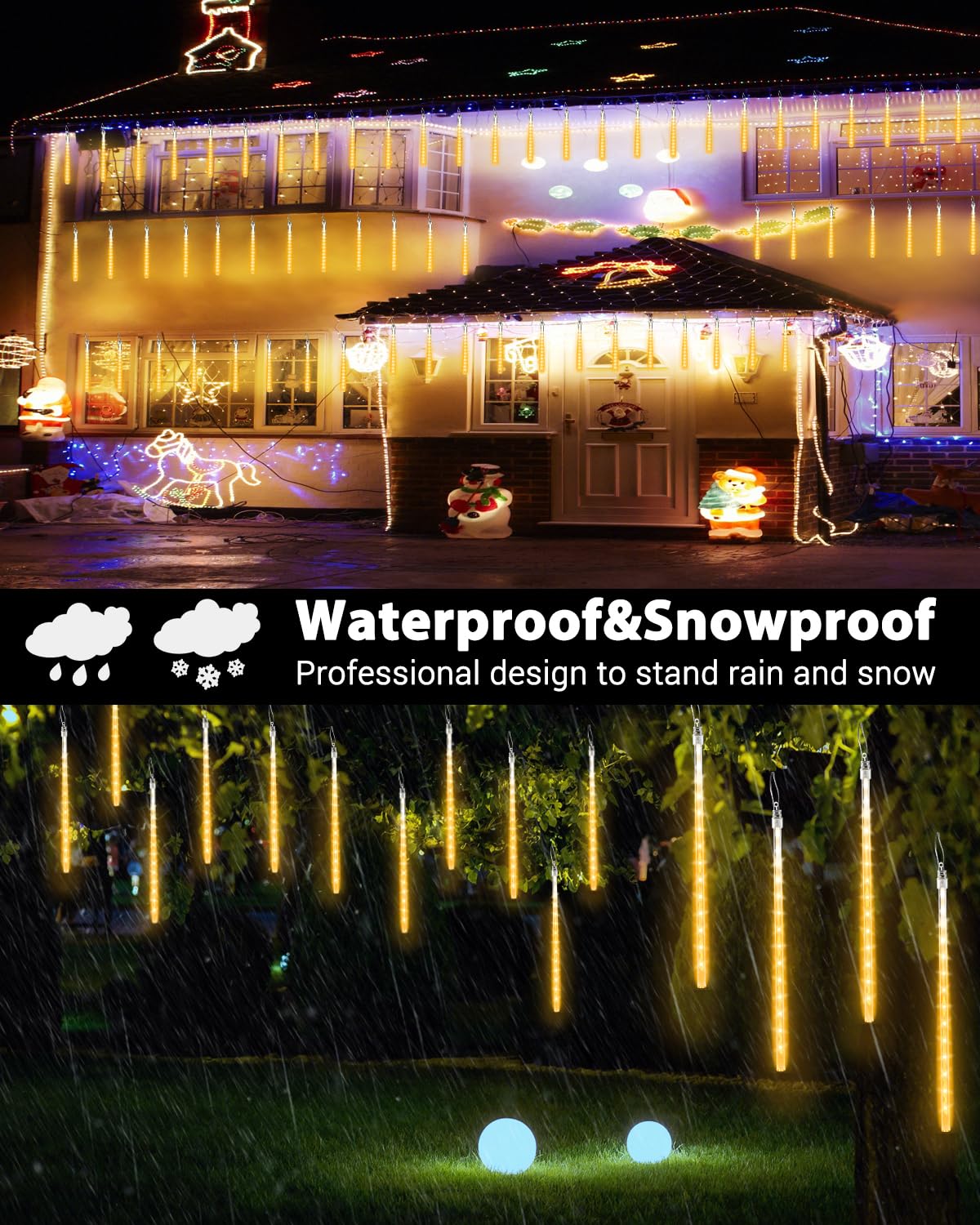 iBaycon 20 Tubes 640 LED Meteor Shower Rain Lights, 15.7 inches Cascading Icicle Lights Waterproof Outdoor, Connectable Falling Raindrop Light with Timer for Holiday Party Christmas Decorations