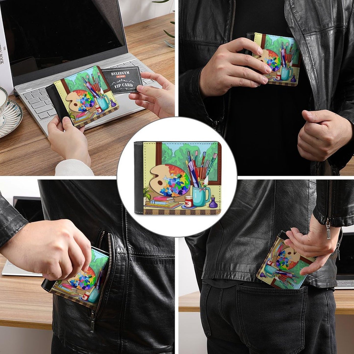 AGJFHNGBI Palette Paintbrushes Leather Wallet for Men Women, Slim Bifold Card Holder Wallet with 8 Card Slots, Minimalist Pocket Wallet for Travel Shopping