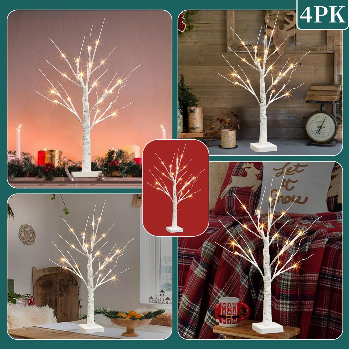 PABIPABI Lighted Birch Tree, Christmas Tree with 24 LED Lights, Tabletop Centerpiece Artificial Tree Lights with Timer for Home Office Bedroom Wedding - Set of 4