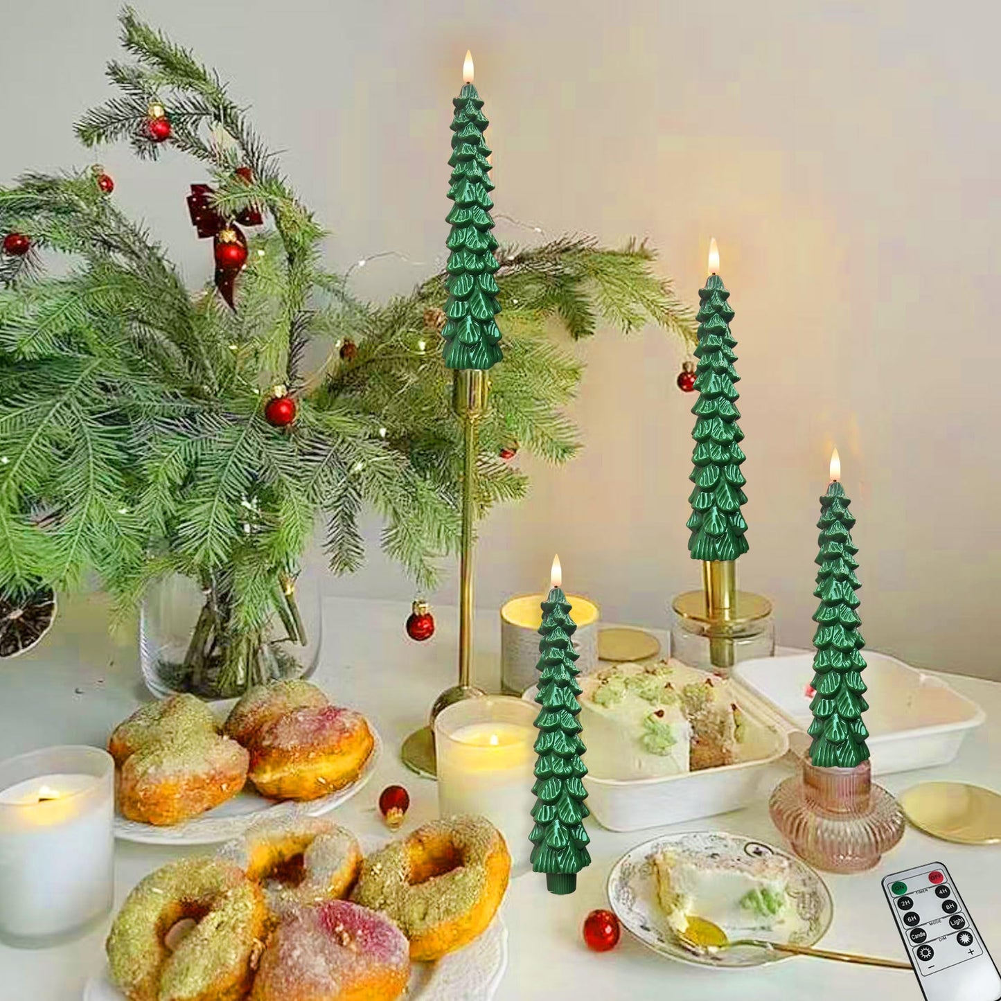 Qaeshi Christmas Tree Candles with Remote, Real Wax LED Flameless Taper Candles, Battery Operated 3D Flickering Candlesticks, Tree Taper Candle for Window Home Christmas Table Decorations (4pcs)
