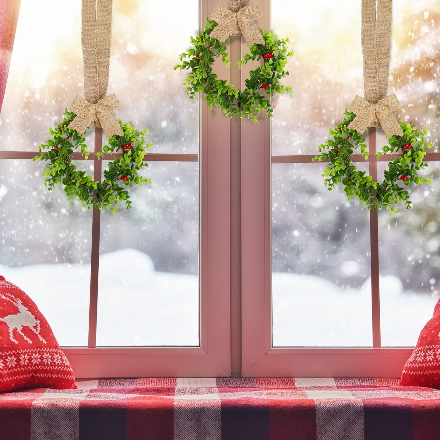 Canlierr 6 Pcs Christmas Kitchen Cabinet Wreaths with Ribbon Small Mini Christmas Wreath for Window Door Chair Wall Xmas Decoration(Rustic)