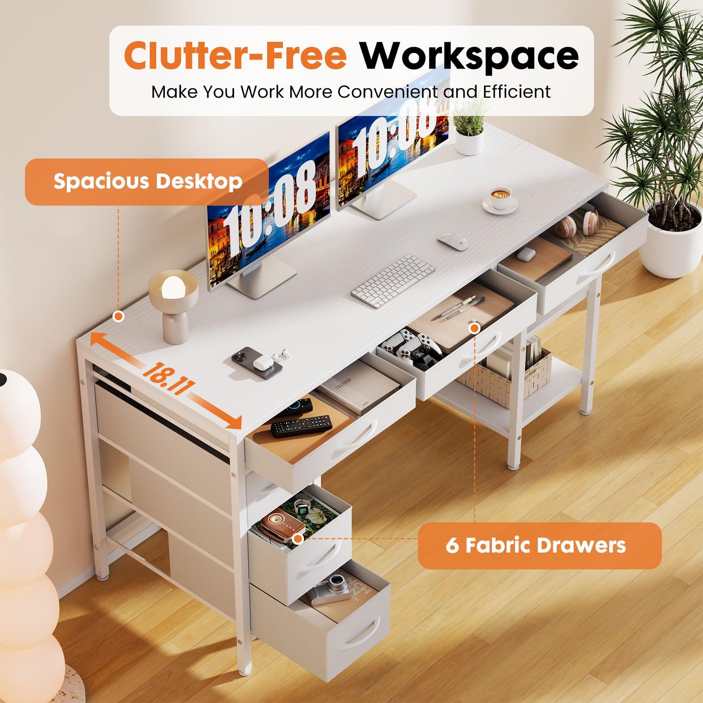 Sweetcrispy 47" Computer Desk with 6 Drawers, Home Office Gaming Desks with Storage Shelves for Bedroom, Writing Study Corner Living Room Work Table White