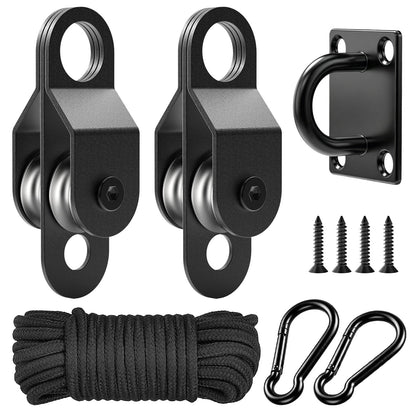 fshihine Black Pulley Block System Set Include 2 Double Pulley with Ball Bearing Inside, 16ft Nylon Rope, Eye Pad Plate and Spring Hooks, Pulley Wheel for Lifting, DIY Projects and Clothesline