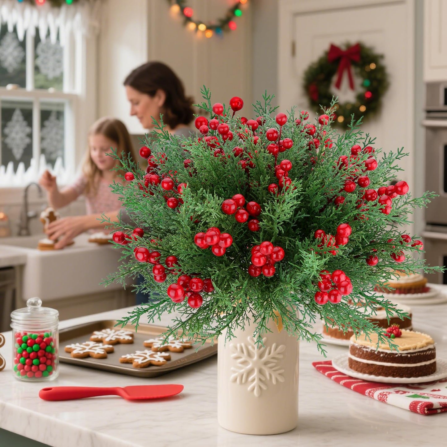 ICEROYCE 4 Bundles 140 Pcs Artificial Christmas Flowers with Red Berry Stems, Fake Norfolk Pine Garland Branches for Winter Decor, Faux Christmas Garland Tree Picks and DIY Crafts (Pine Foliage)