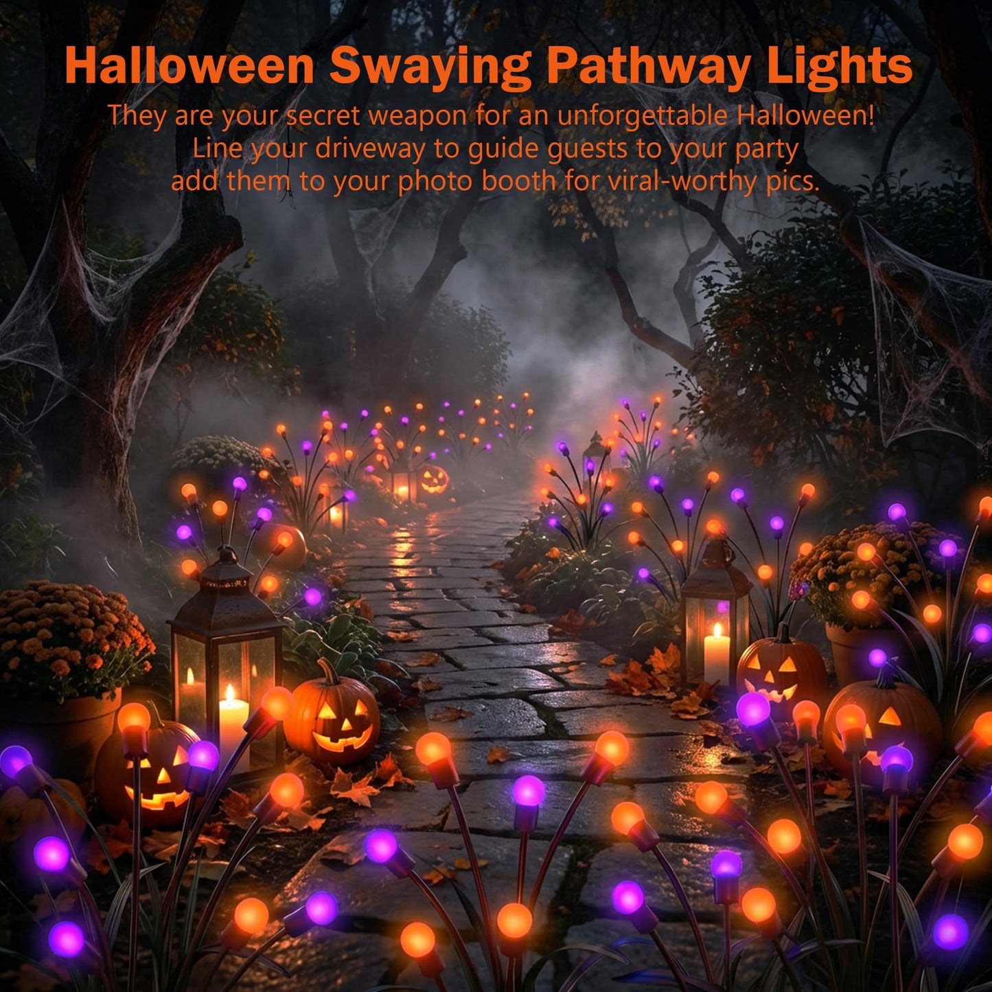 Sukesou Halloween Firefly Solar Lights, 2 Pack 6 LED Orange Purple Swaying Pathway Lights, IP65 Waterproof Auto Dusk to Dawn Outdoor Landscape Lights for Yard Patio Lawn Party Decor