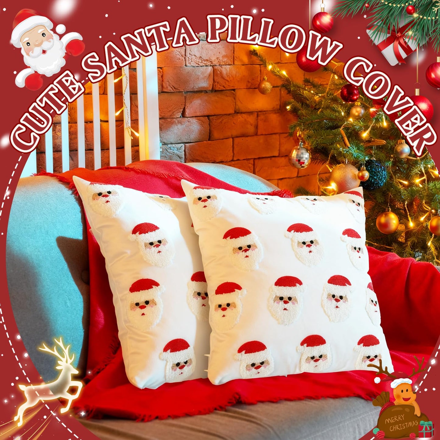 Hahafelt 2 Pcs Christmas Tufted Throw Pillow Covers 18 x 18 Inch Cute Santa Claus Soft Dutch Velvet Pillowcase Xmas Red White Square 3D Embroidery Cushion Cover Winter Holiday Decor for Sofa Couch Bed