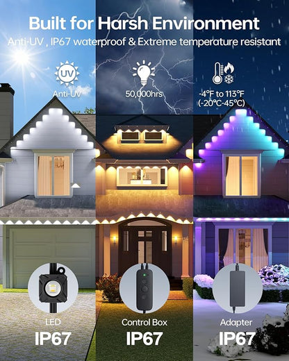 ASAHOM Permanent Outdoor Light Pro S108B, 100FT with 72 RGBCW 70lm LED, WLED Integration, AI Lighting, 30000 Lighting Effect Combination, IP67 Waterproof for Halloween Christmas and Daily Decor, Black