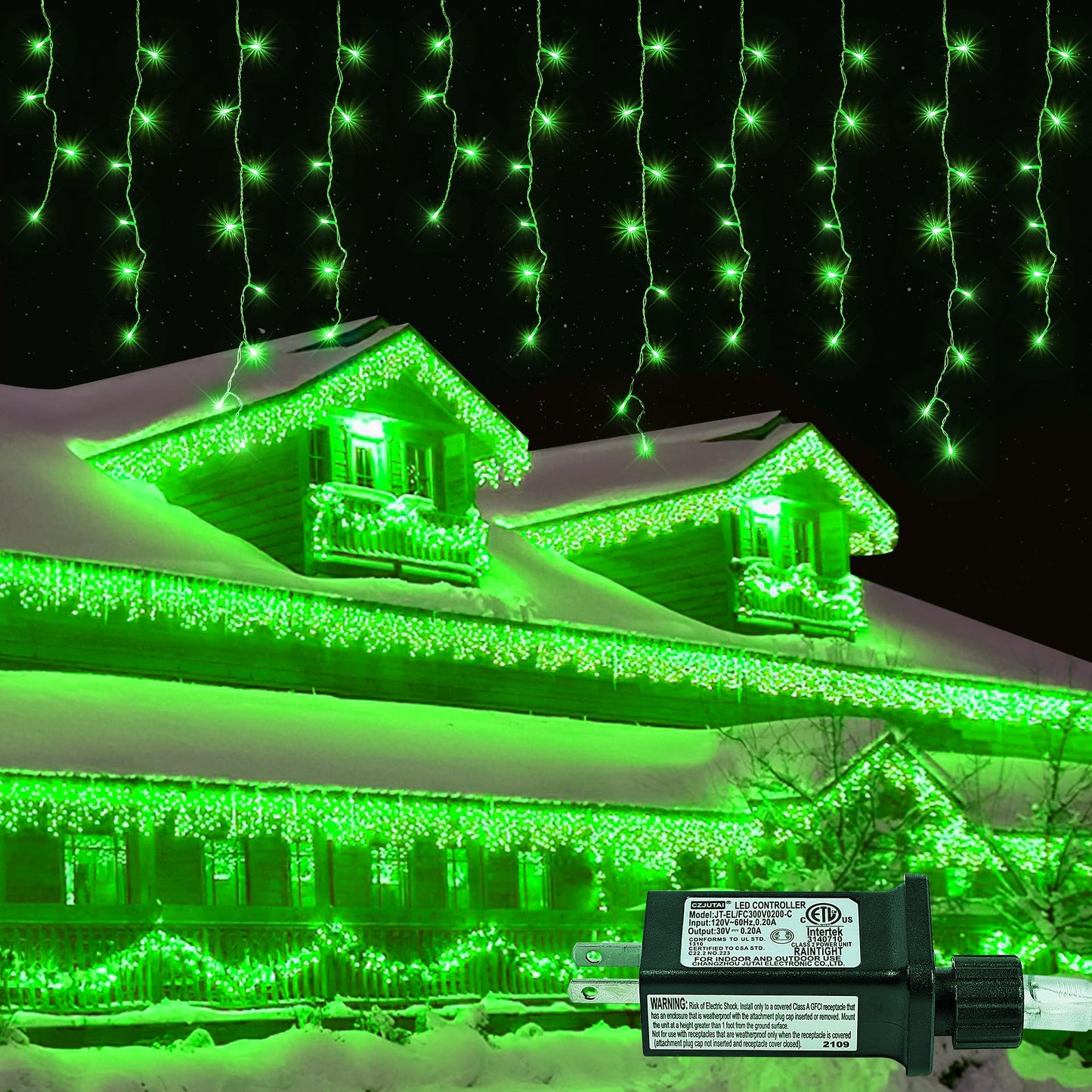 oopswow 33FT 300 LED Icicle Christmas Lights,Waterproof 8 Modes Plug in Curtain Lights with 50 Drops,Green Christmas String Lights for Indoor&Outdoor,Wedding,Party,Bedroom,Home,Wall Decorations
