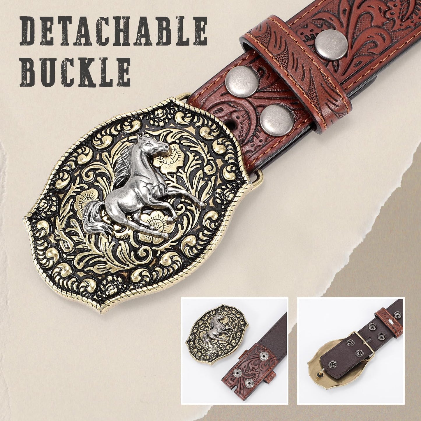 SANSTHS Cowboy Belts for Men Women Western Buckle Belt Cowboy Cowgirl Embossed Leather Belt for Jeans Belt