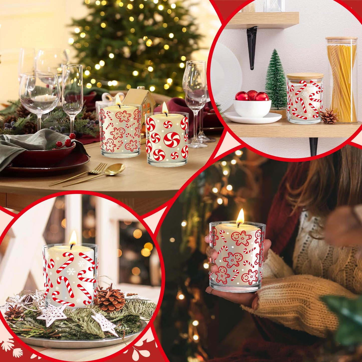 Whaline 12 Pcs Christmas Glass Candle Jars with Cork Lids Red Peppermint Gingerbread Candy Cane Clear Empty Container for Candle Making Storing Xmas Holiday Party Decor
