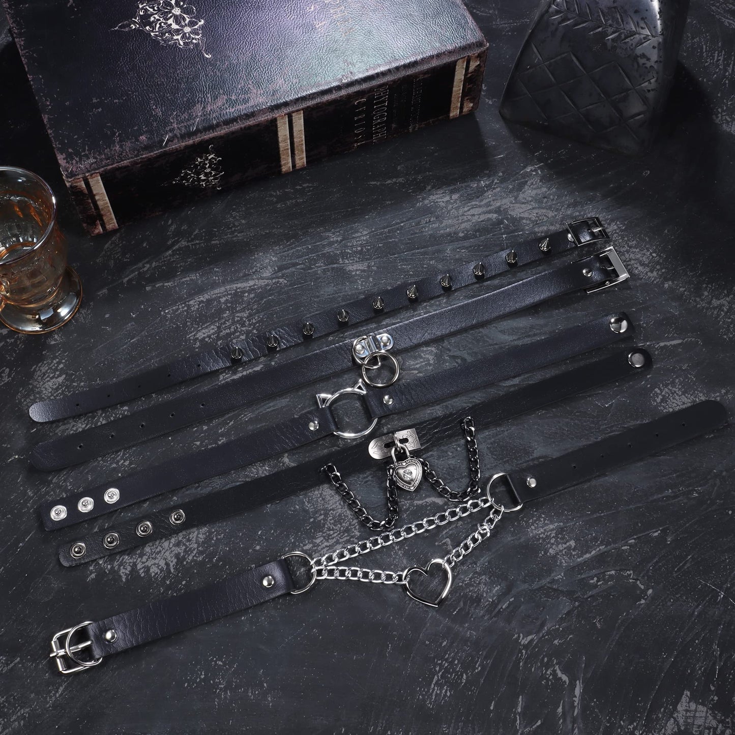 HAIAISO 6-9pcs Leather Punk Goth Choker Necklace - Love Heart Spiked Adjustable Pu Choker Collar for Women