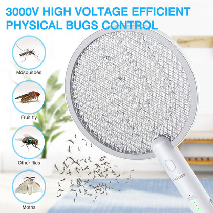 PALONE Electric Fly Swatter 3000V Bug Zapper Racket 2 in 1 Fly Swatter with 1200mAh Battery Rechargeable Mosquito Killer Lamp with 3 Layers Safety Mesh for Indoor and Outdoor (2 Pack)