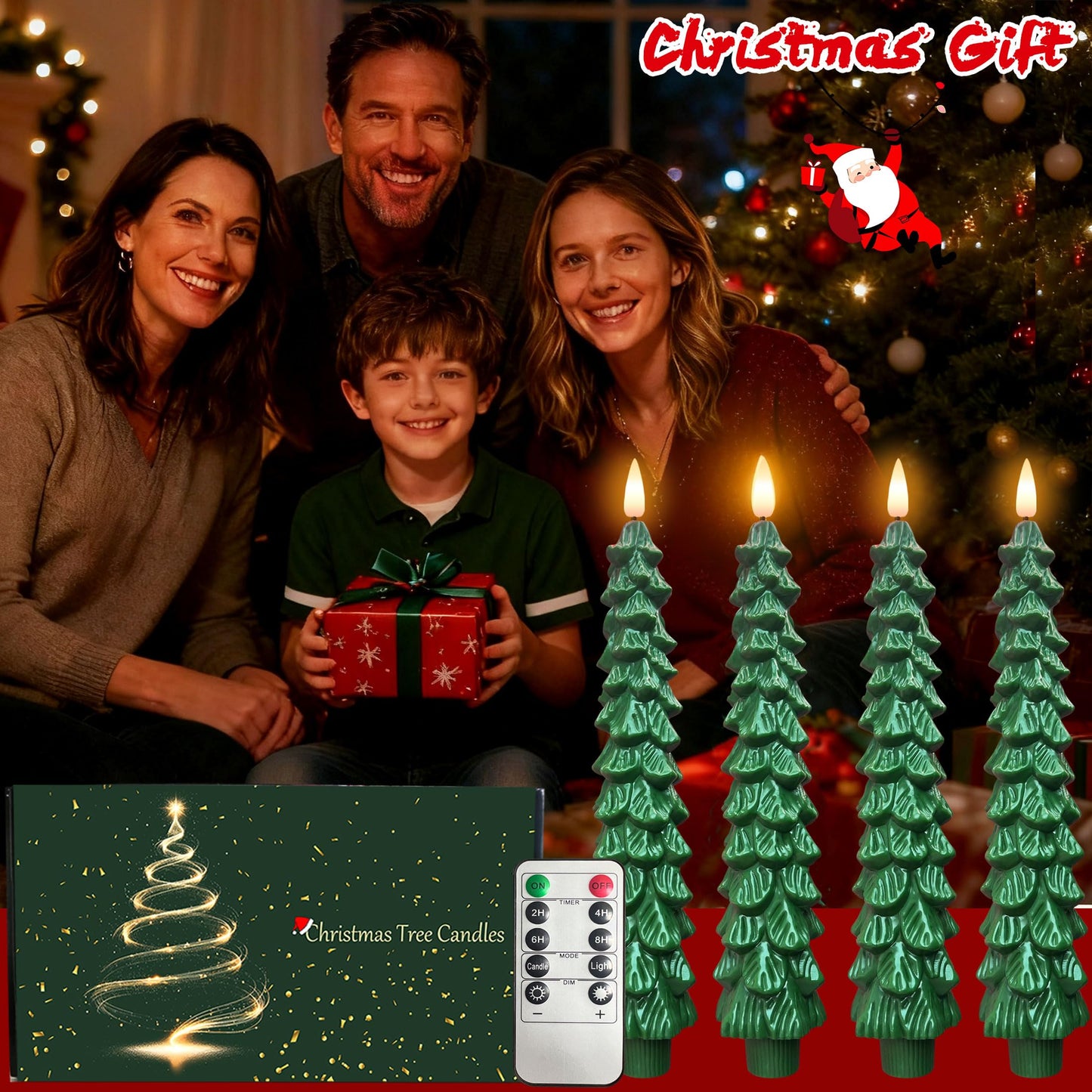 Qaeshi Christmas Tree Candles with Remote, Real Wax LED Flameless Taper Candles, Battery Operated 3D Flickering Candlesticks, Tree Taper Candle for Window Home Christmas Table Decorations (1pcs)