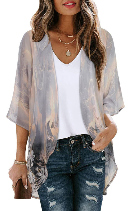 Women's Floral Print Puff Sleeve Kimono Cardigan Loose Cover Up Casual Blouse Tops (Grey Gold Floral,XXL)