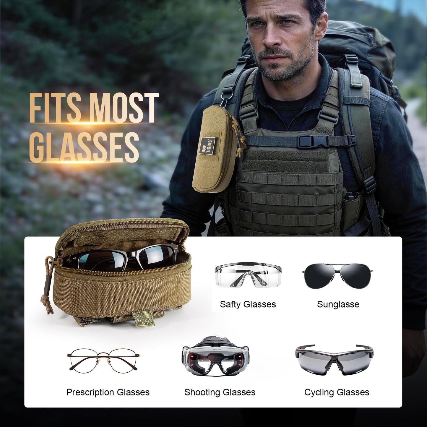 ONETIGRIS Tactical Hard Shell Eyeglasses Case Molle Zipper Sunglasses Pouch Shockproof Crush Resistant for Outdoor Activities