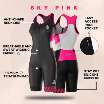 SLS3 Triathlon Suits Women – Sleeveless Trisuit Women - Premium FX Fabric, Tri Suit Womens Triathlon Suit, No Shelf Bra (Sky Pink, Large)