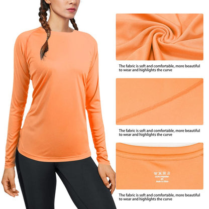 isnowood Womens Long Sleeve Rash Guard, UV UPF 50+ Sun Protection Shirts, Quick Dry Lightweight Tops for Swimming Workout Hiking Running Orange