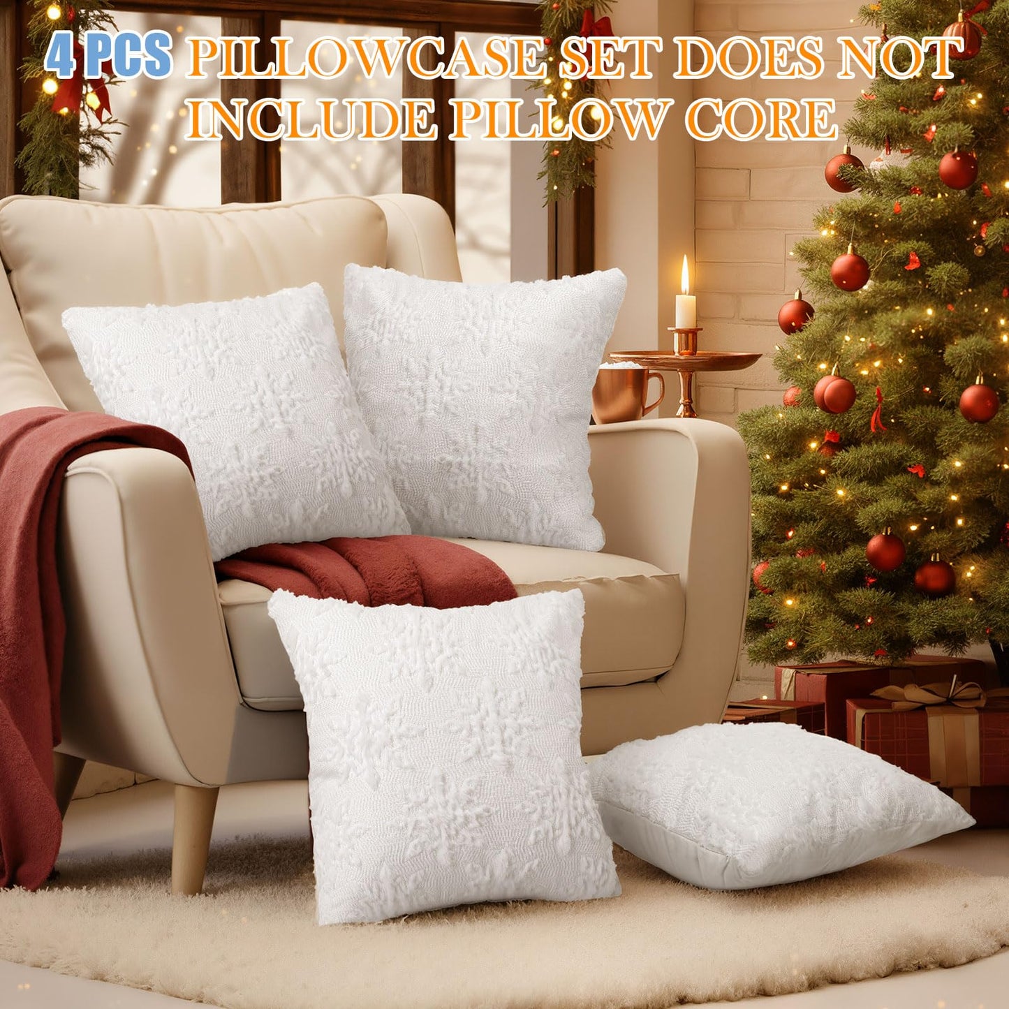 Tudomro 4 Pcs Snowflake Throw Pillow Covers White Winter Pillowcase 3D Embroidered Soft Plush Faux Fur Pillow Covers Winter Modern Home Decorative for Sofa Couch Bed(18 x 18 Inches)
