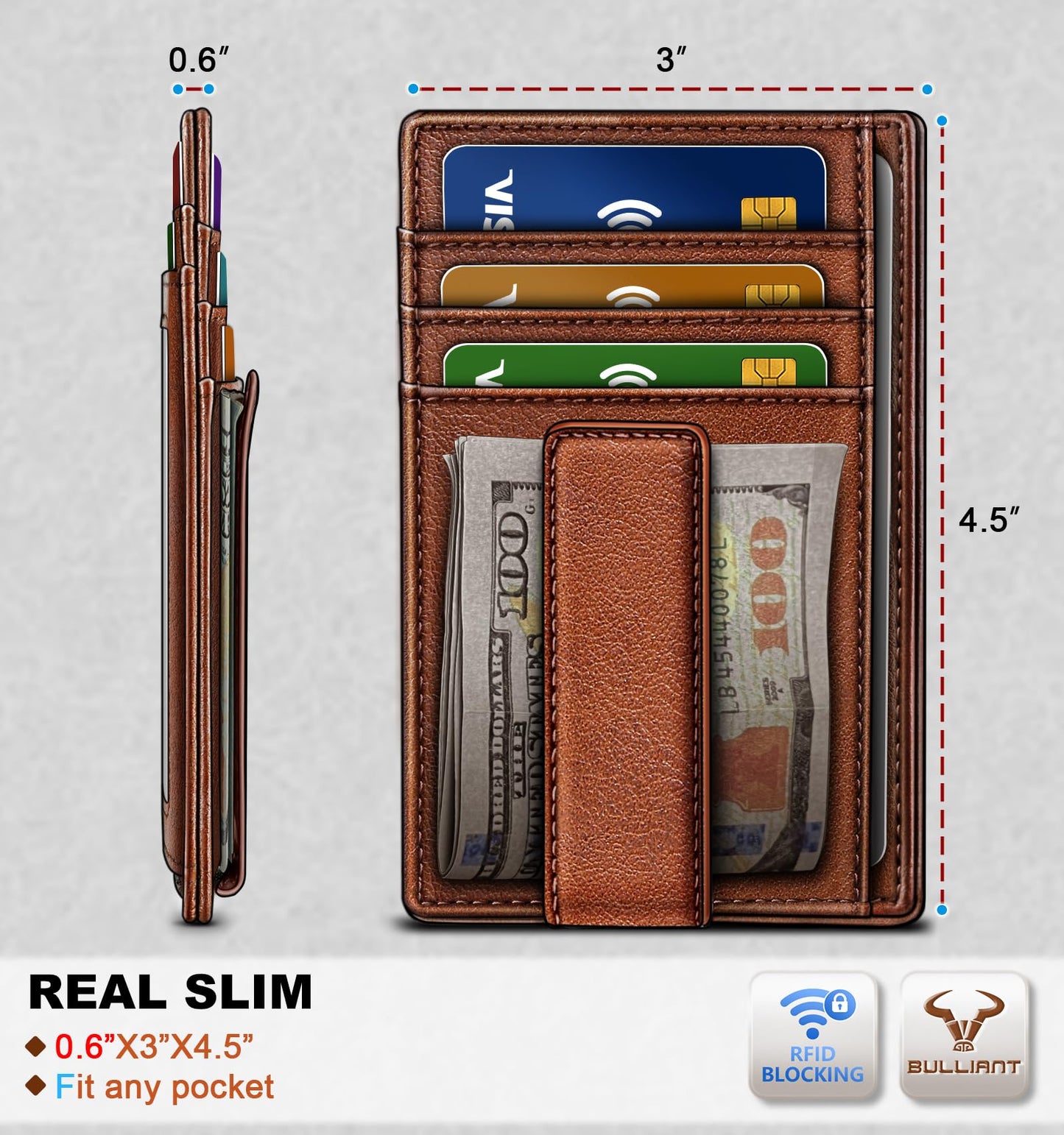 BULLIANT Men Wallet,Slim Leather Wallet Money Clip Card Hodler For Men Gift 8 Cards RFID Blocking
