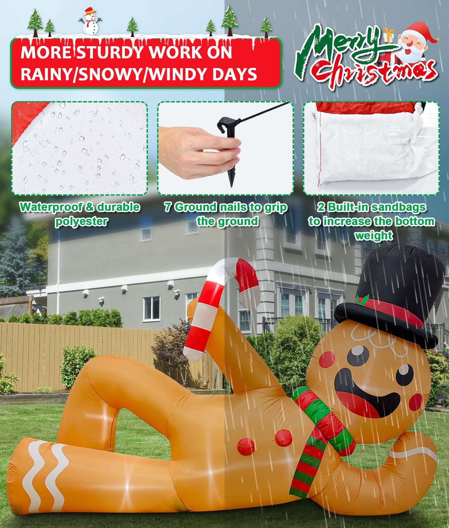 EAONE 10FT Christmas Inflatable Outdoor Decoration, Giant Christmas Blow Ups Yard Decorations Inflatable Gingerbread Man Lying Flat with Built-in LED Lights for Garden, Lawn, Home Xmas Holiday Decor