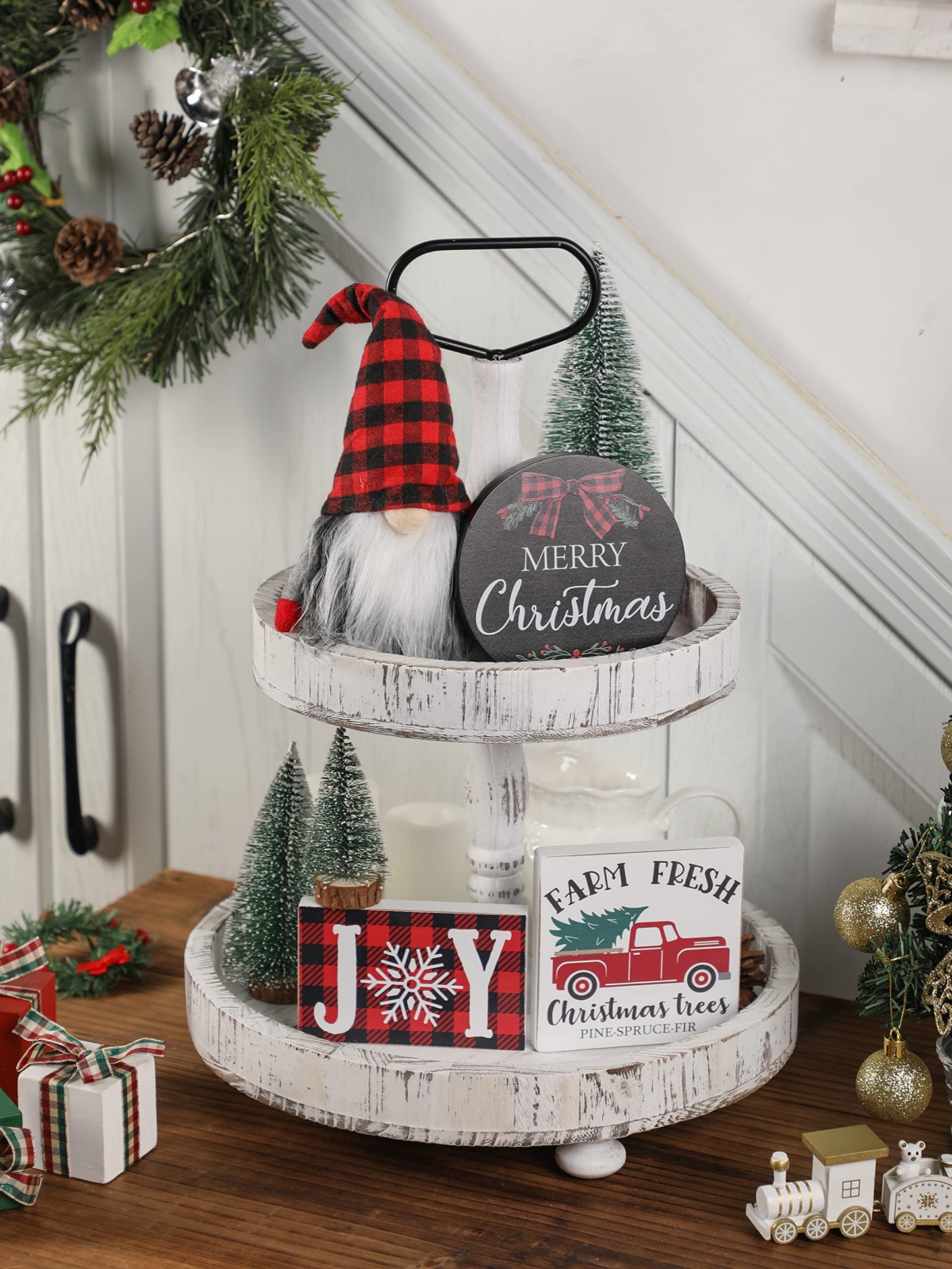 Christmas Tiered Tray Décor Set of 7, Merry Christmas Farm Fresh Truck, Joy Wood Sign Buffalo Plaid Gnome Plush and Trees, Farmhouse Table Home Party Shelf Fireplace Mantel Decor