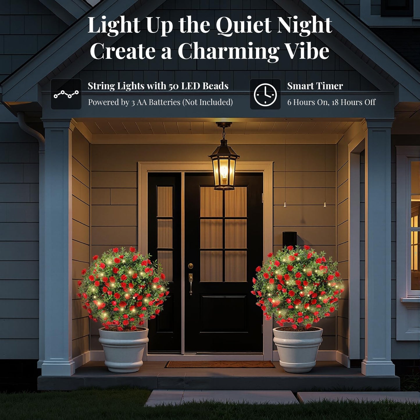 Lewondr Artificial Red Flowers Boxwood Topiary Ball with LED Lights,23.6'' Artificial Shrub Bushes with Ground Spike,UV Resistant Faux Greenery Shrubs,Fake Plants for Indoor Outdoor Garden Patio Decor