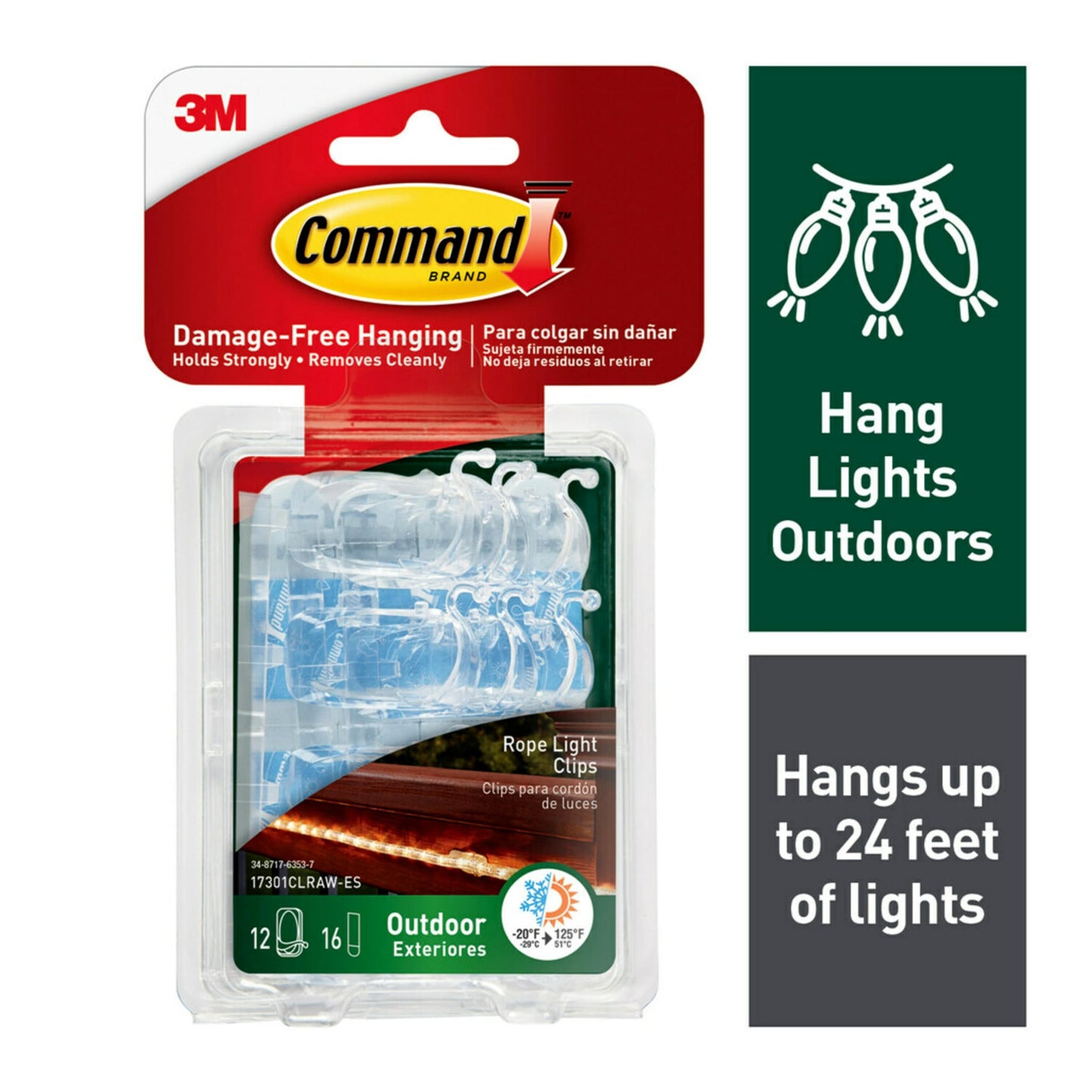 Command Outdoor Rope Light Clips, Clear, 3 Pack (36 Clips Total) - Weather-Resistant, Damage-Free Hanging for Holiday Lights, Rope Lights & Outdoor String Lights