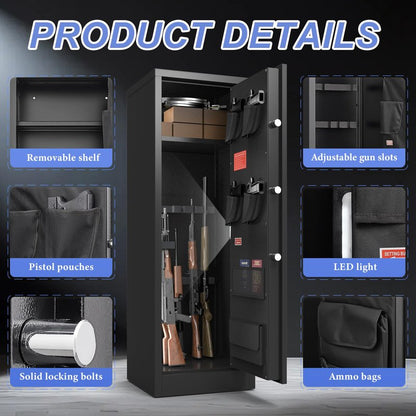Marcree 8-10 Gun Safe for Rifles & Pistols, Quick Access Rifle Safe with Dual Alarm, Mute Mode, Adjustable Shelves & Pistol Pockets, Gun Cabinet for Shotguns
