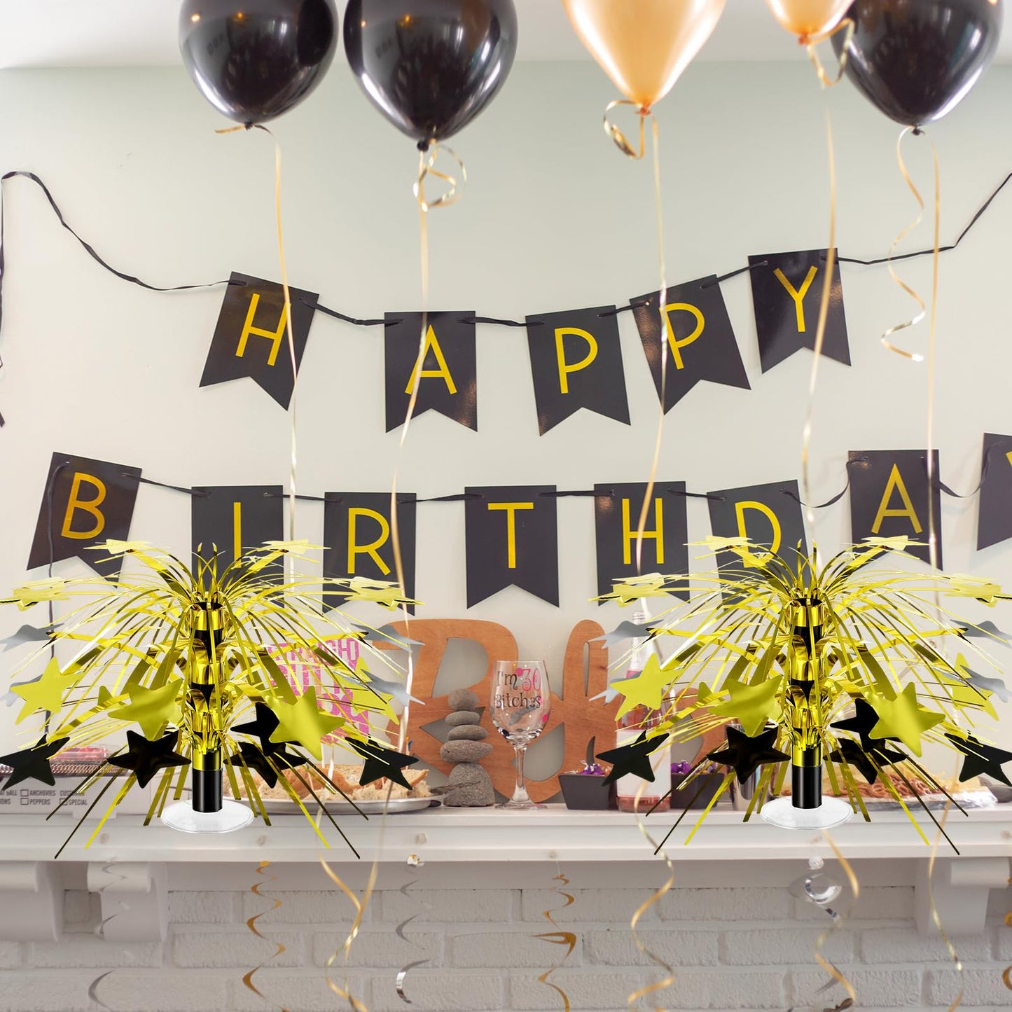 Memorywuu 6 Pcs Black and Gold Centerpieces for Tables Star Party Decorations Metallic Foil Spray Centerpieces for Birthday Event Photo Booth Props, 8.7 Inch Tall