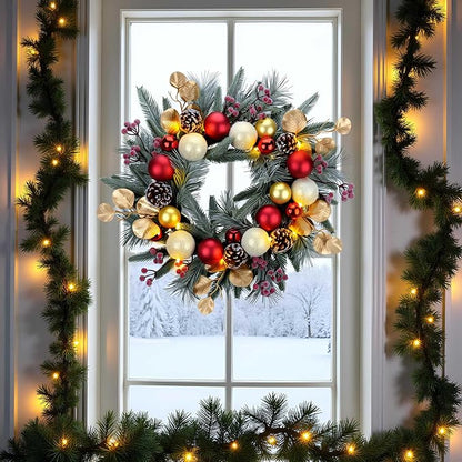 YULETIME 20-inch Christmas Wreath, Battery Operated Holiday Wreath with 20 Fairy Lights, Red & Gold Baubles, Frosty Red Berries, Pine Cones, Golden Leaves, Frosted Spruce Branches & Pine Needles