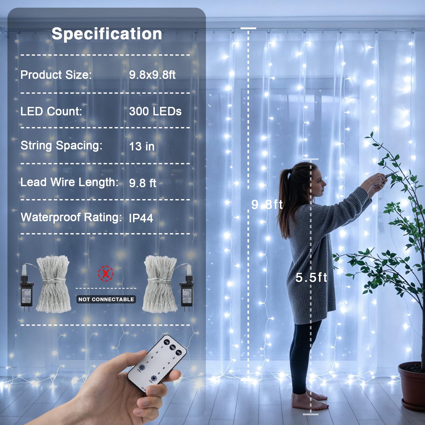 JMEXSUSS 300 LED 9.8x9.8Ft Curtain Lights Indoor with Remote, White Christmas Lights Plug in, 8 Modes White String Lights for Bedroom Wall Wedding Reception Dorm Party Backdrop Window Outdoor Decor