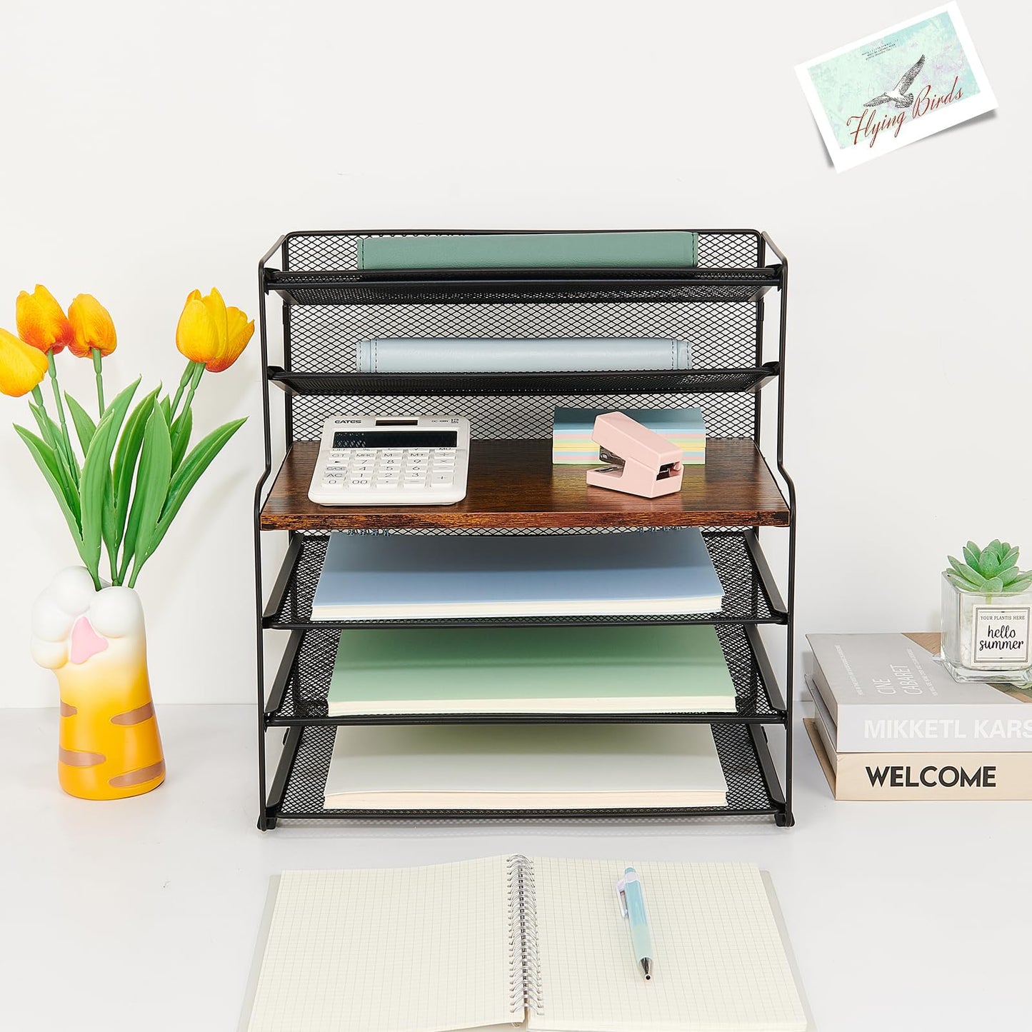 OPNICE 6-Tier Letter Tray Paper Organizer, Desk Organizers and Accessories, Desktop File Organizer, Office Desk Accessories for Office Supplies (Wood Brown)