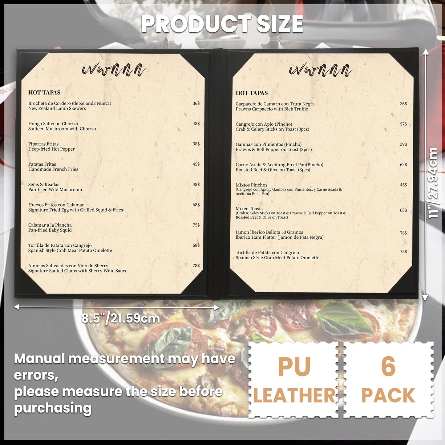 IVWNNN 8.5'' x 11'' Menu Covers 6 Pack Black PU Leather Menu Holders Book Style with Angled Corners Double View Menu Sleeves Easy-Insert Design Waterproof for Bar Cafe Restaurant Menu Covers