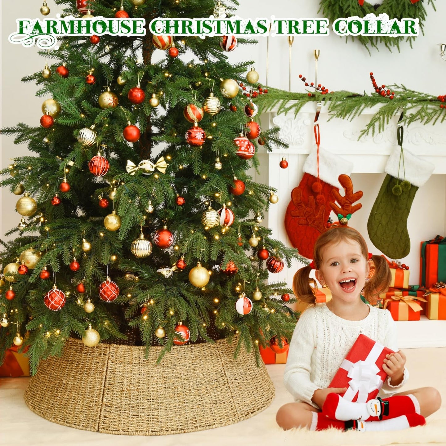 Rocinha 32 in Extra Large Rattan Christmas Tree Collar Basket - Rustic Handcrafted Christmas Tree Stand Cover Woven Tree Skirt Collar Christmas Tree Decoration Farmhouse Indoor Decorations for Home