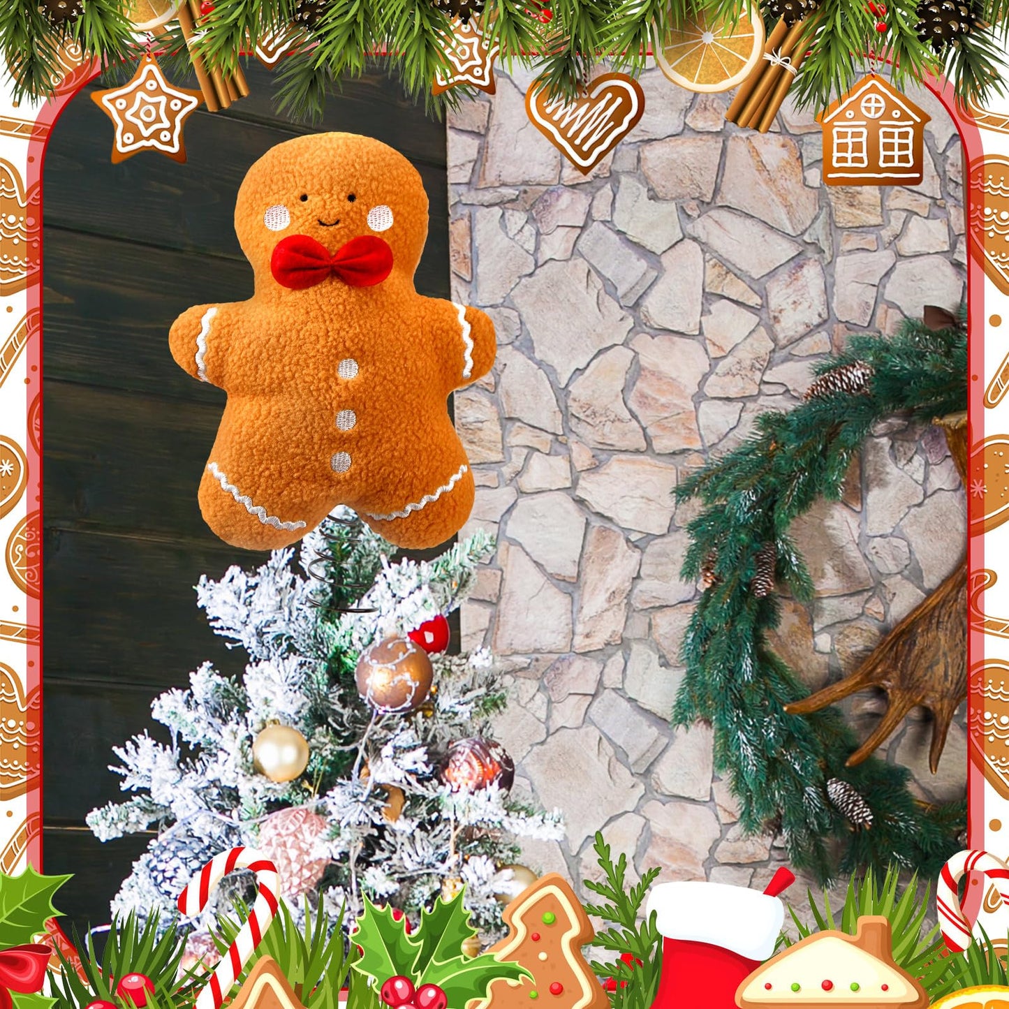 Gejoy Christmas Gingerbread Tree Topper Plush Stuffed Tree Toppers Ornaments for Christmas Party Indoor Xmas Holiday Festive Home Decoration