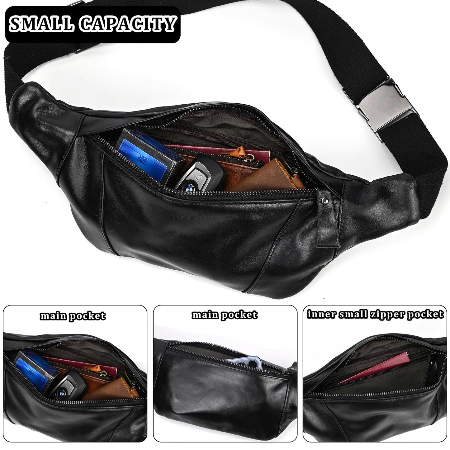 Genuine Leather Fanny Pack for Women & Men, Crossbody Waist Pack with Adjustable Strap, Hiking Hip Bum Belt for Travel, Hiking, Running