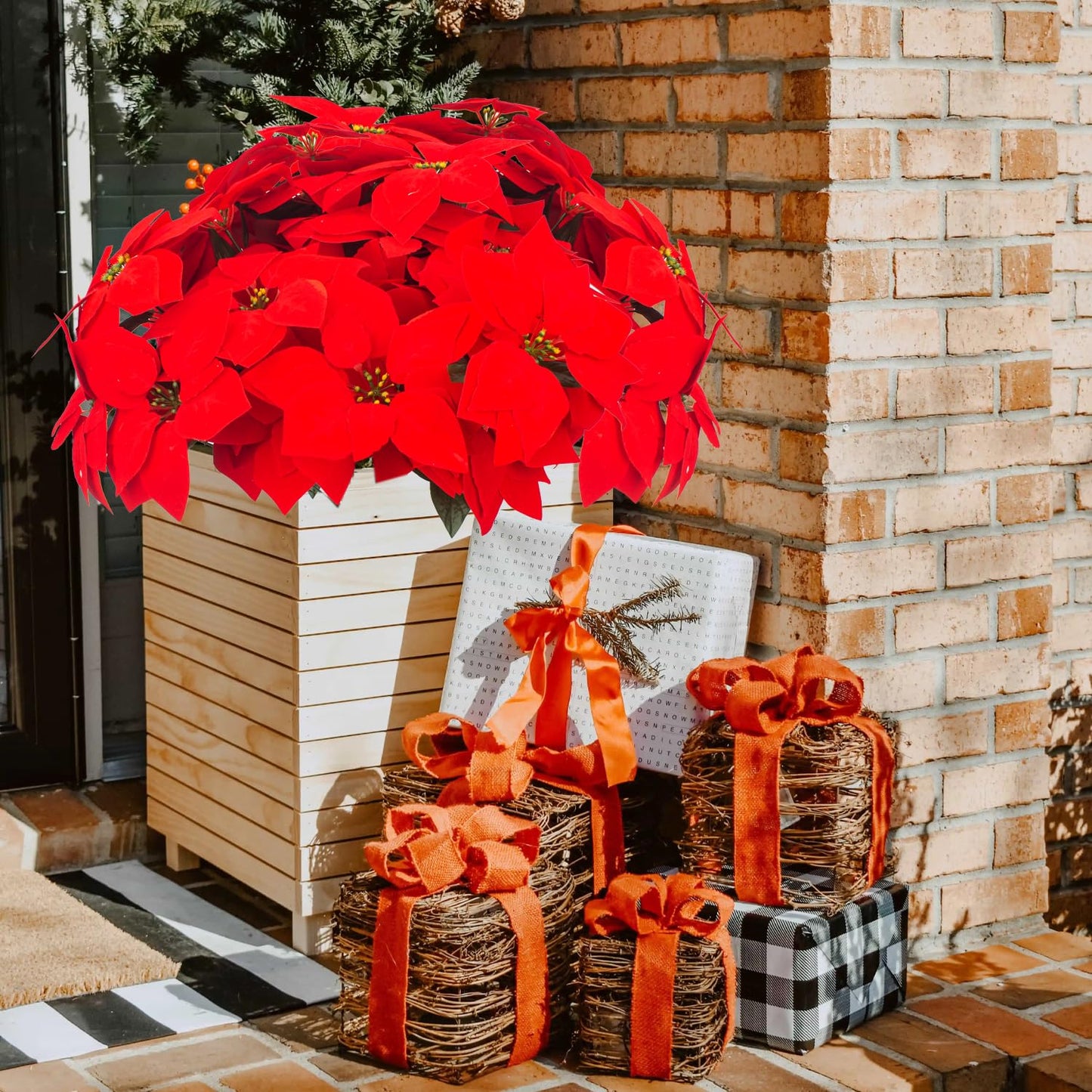 Grunyia 5 Artificial Poinsettia Flowers Bouquet Christmas 7 Heads 19.6”Faux Red Poinsettia Bush Fake Flowers for Home Porch Xmas Tree Garden Indoor Outdoor Office Christmas Decorations