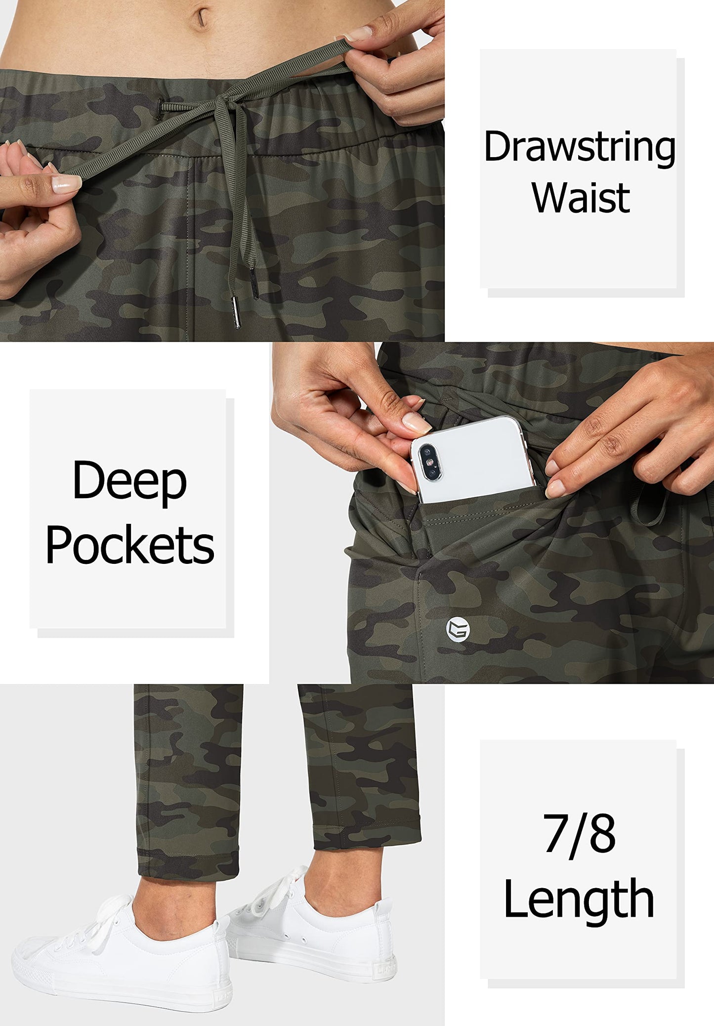 G Gradual Women's Pants with Deep Pockets 7/8 Stretch Sweatpants for Women Athletic, Golf, Lounge, Work Green Camo, 3X-Large