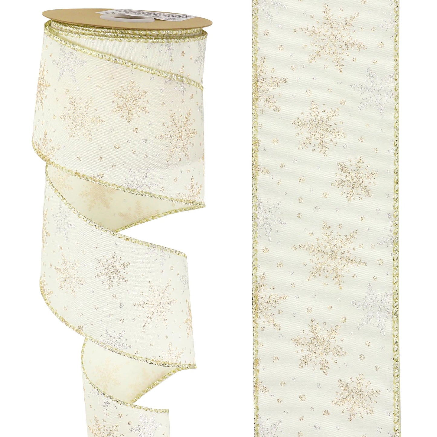 AIMUDI Ivory Snowflake Ribbon 2.5" Ivory and Gold Christmas Satin Wired Ribbon for Gift Wrapping Christmas Trees Wreaths Garlands Crafts Tree Topper Bows Home Decor- 10 Yards