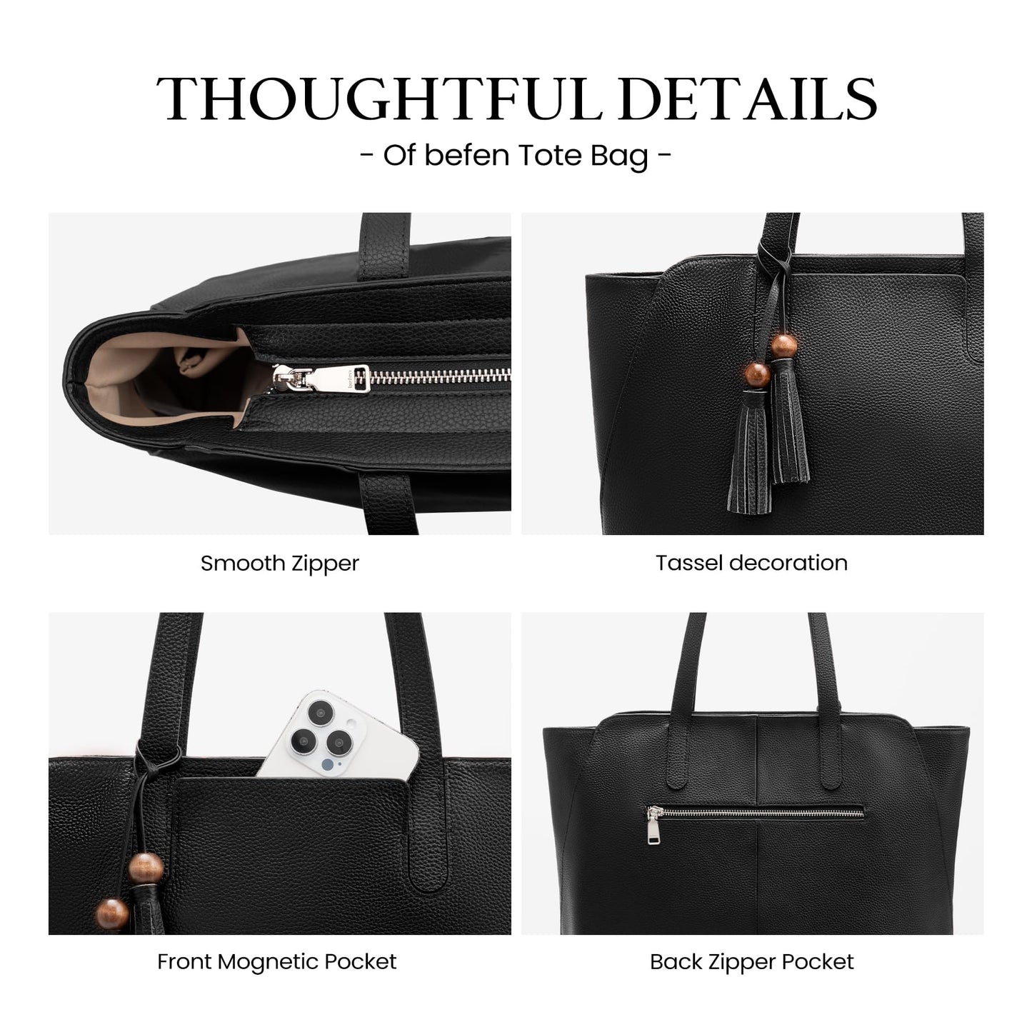 befen Genuine Leather Tote Bag for Women Work, Womens Tote Bag, Casual Leather Large Purses Black Leather Shoulder Bag with Compartments for Shopping Office Travel Daily Use