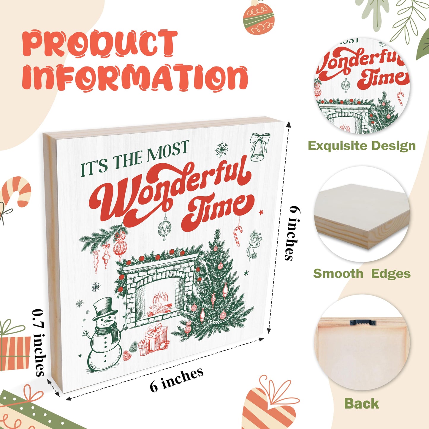 OXRUN Christmas Table Decorations, It's The Most Wonderful Time Wooden Box Sign Decorative, Xmas Holiday Gifts for Women Men Home Office Shelf Decor 6 x 6 Inches - F03