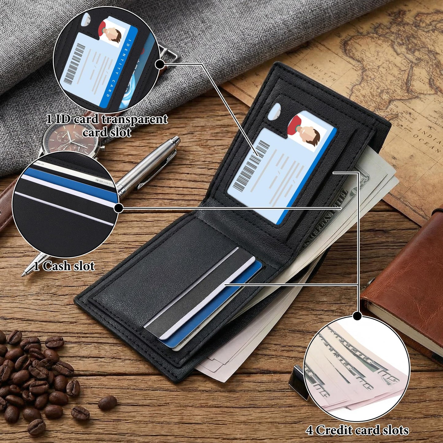 Frienda 12 Sets Fathers Day Black Leather Photo Wallet and Keychains for Men PU Leather Bifold Wallets with Pockets Gifts Church Bulk for Husband Son Dad