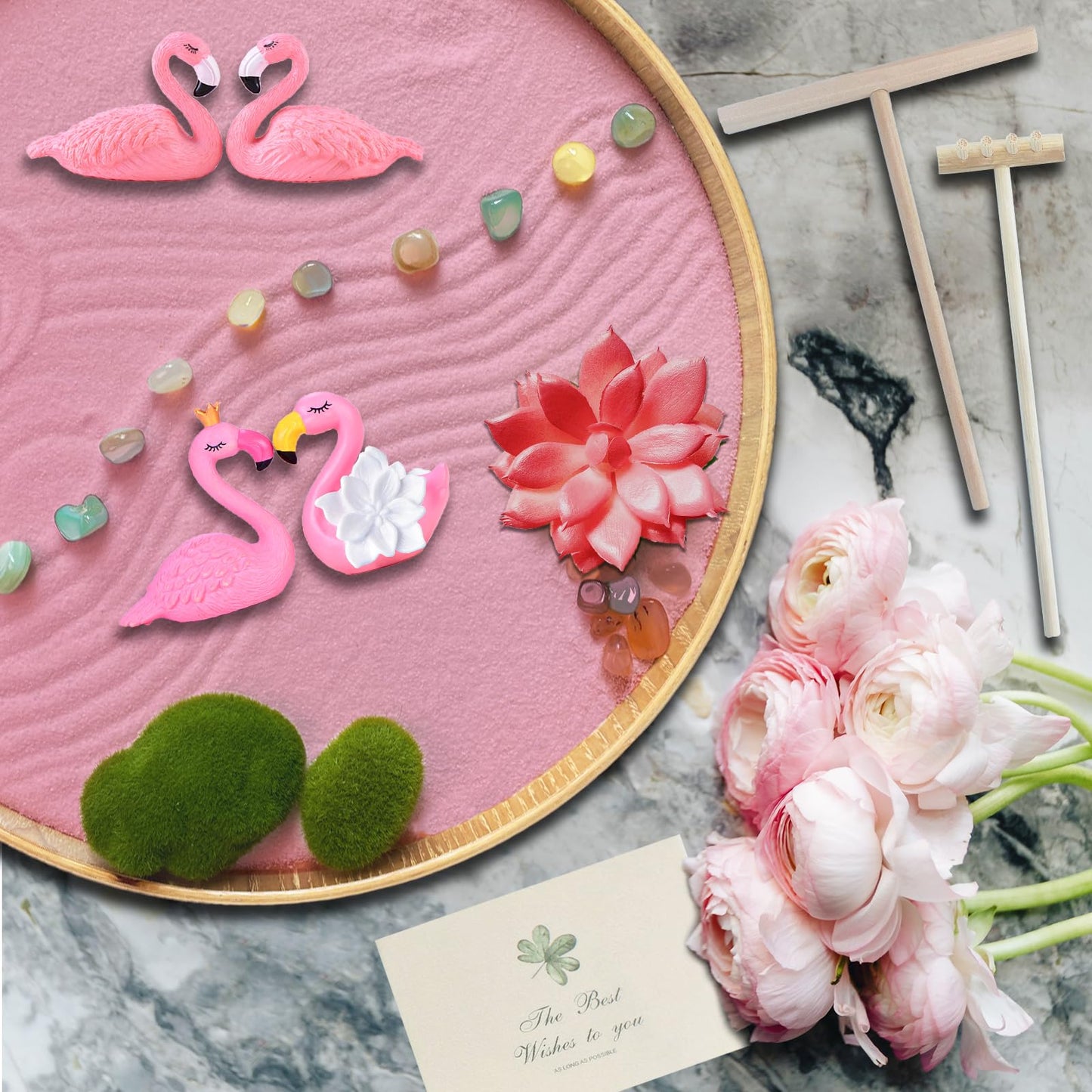 Threeheng Flamingo Zen Garden for Desk - Pink Flamingo Decor, Sand Tray Therapy Kit for Desk and Office, Cute Japanese Décor Gift for Women, Mini Zen Garden for Relaxation and Stress Relief
