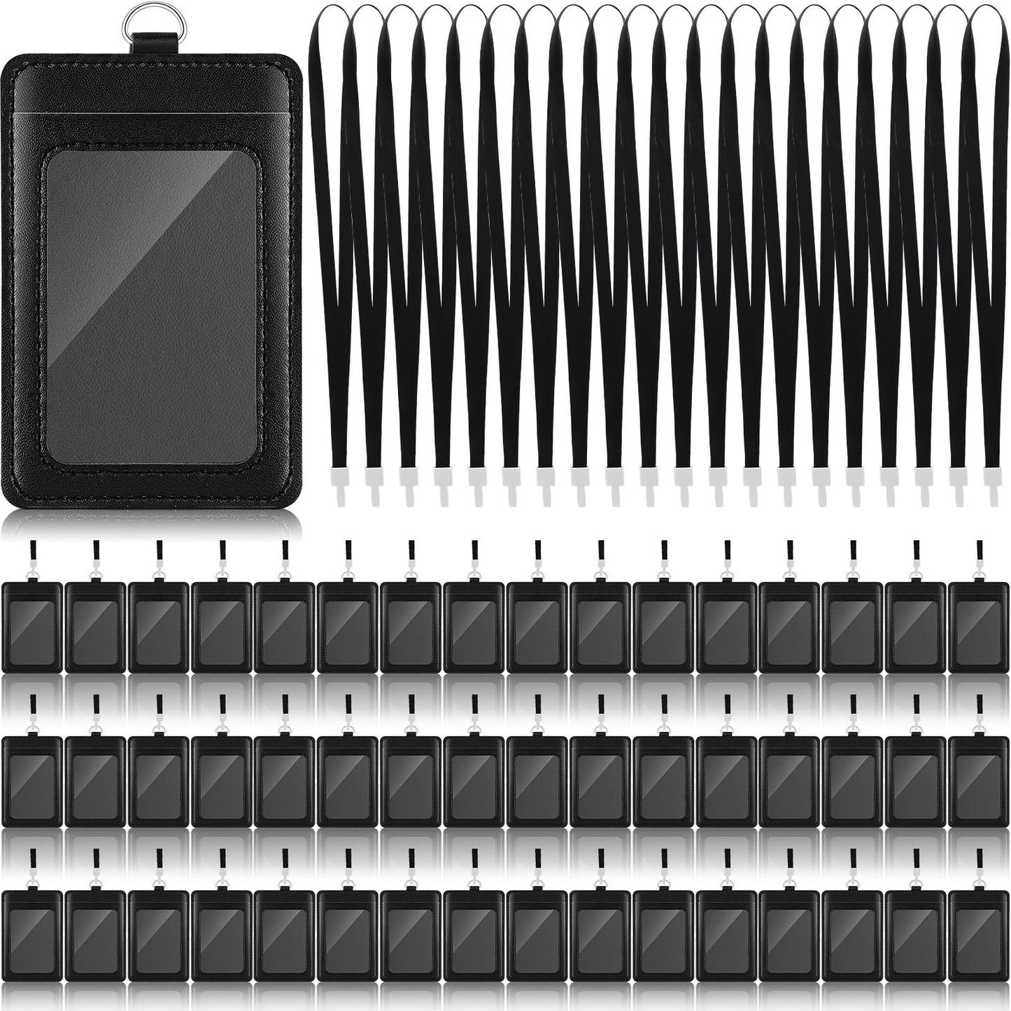 Ireer 48 Pcs ID Badge Holder with Lanyard, PU Leather Card Holder Vertical with Clear ID Access Card Window, Slot for Office Work, School Student, Black