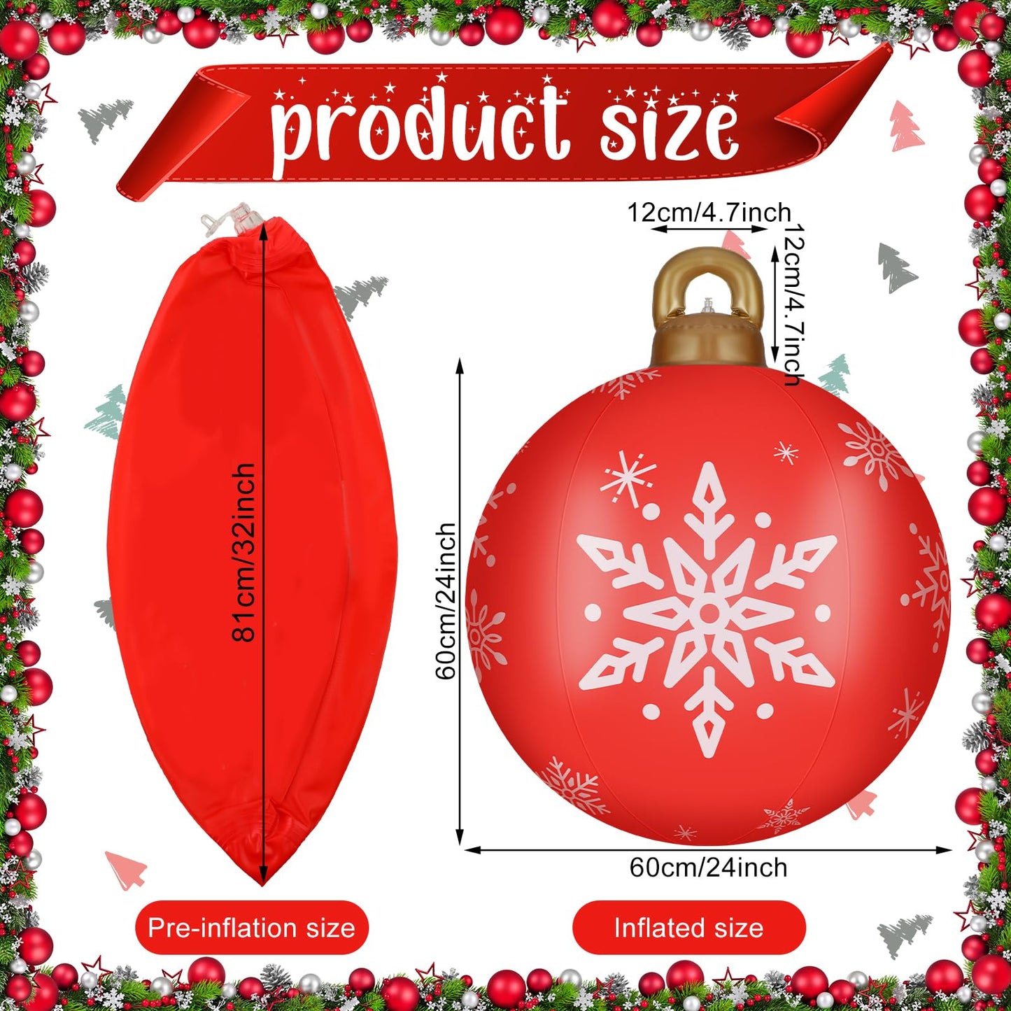 2 Pieces 32 Inch Giant PVC Inflatable Christmas Decorated Ball Ornaments Outdoor Large Xmas Blow Ball Decorations for Christmas Themed Party Ornaments(Elk Xmas Tree Style,Red)