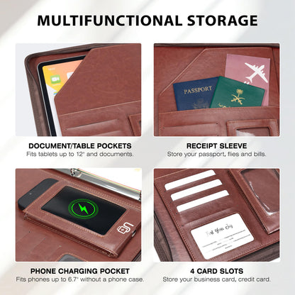 Ospelelf Zippered Padfolio Organizer, Faux Leather 3 Ring Binder with Clipboard, Letter Size Business Portfolio with Notepad, Tablet Sleeve & Phone Pockets for Office Work Brown